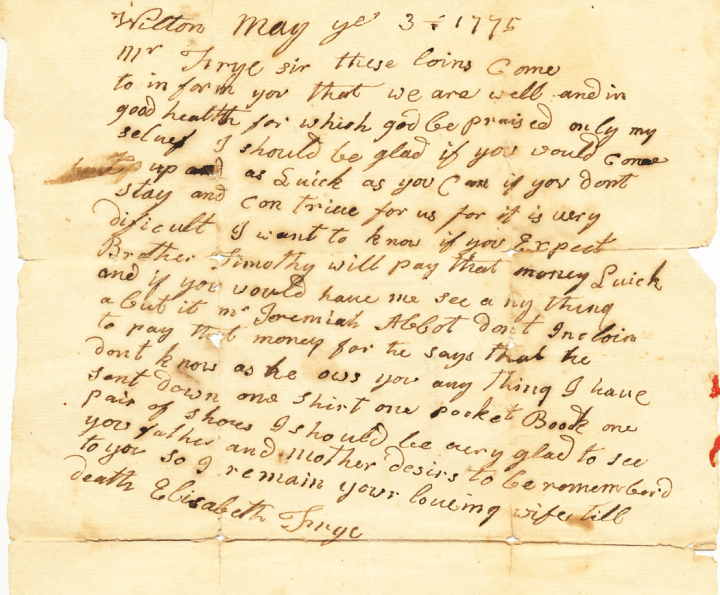 May 3 1775 letter from Elizabeth Frye to Isaac Frye
